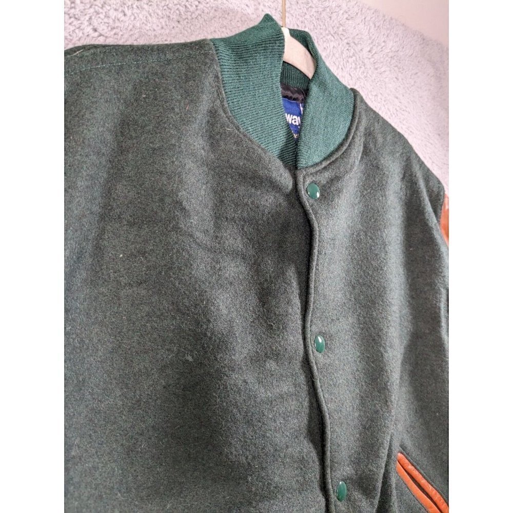 Vintage Holloway College Jacket Large Letterman Varsity Wool Leather Green Brown - Picture 13 of 16